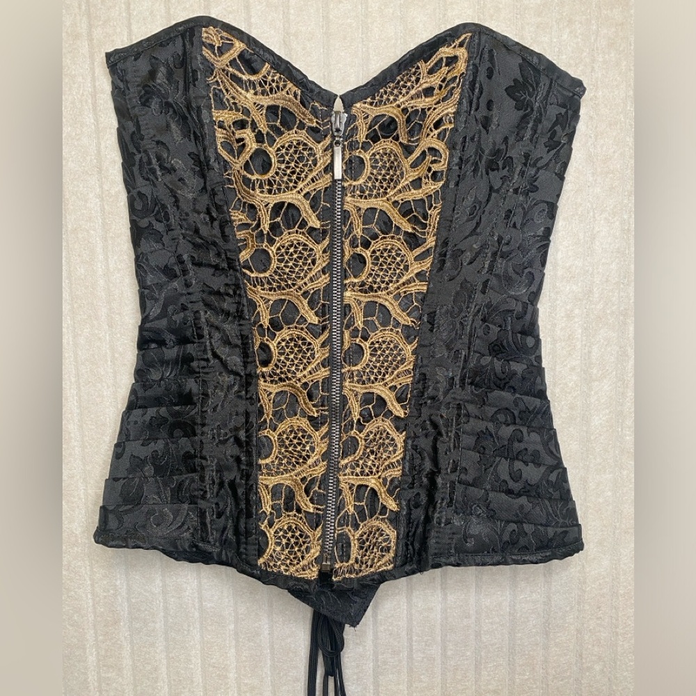Women’s Black Gold Bustier Corset Goth Glamour Merry Widow LRG Halloween Lacing